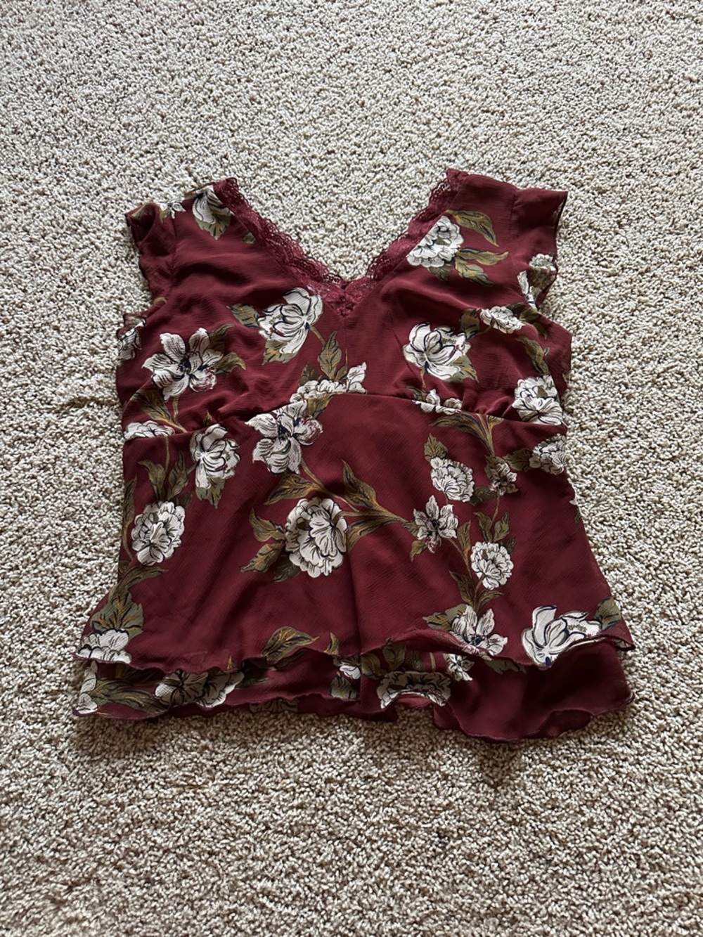 Maurices Burgundy Floral Lace-Trim V-Neck Camisole